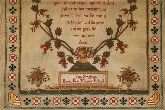 Three 19th century embroidered linen samplers relating to the Royal Freemasons School for Female Children (unframed)